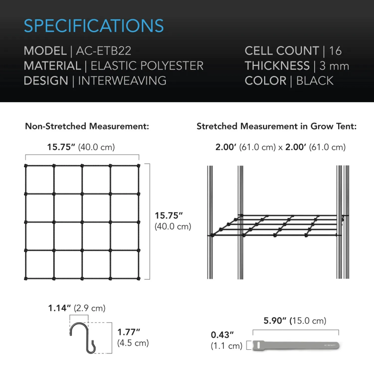 AC Infinity Grow Tent Trellis Netting, Flexible Elastic Cords, 2x2'