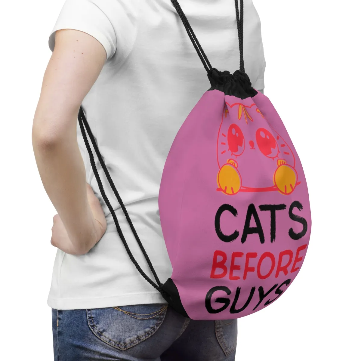 Drawstring Bag ( Cats Before Guys Pink )