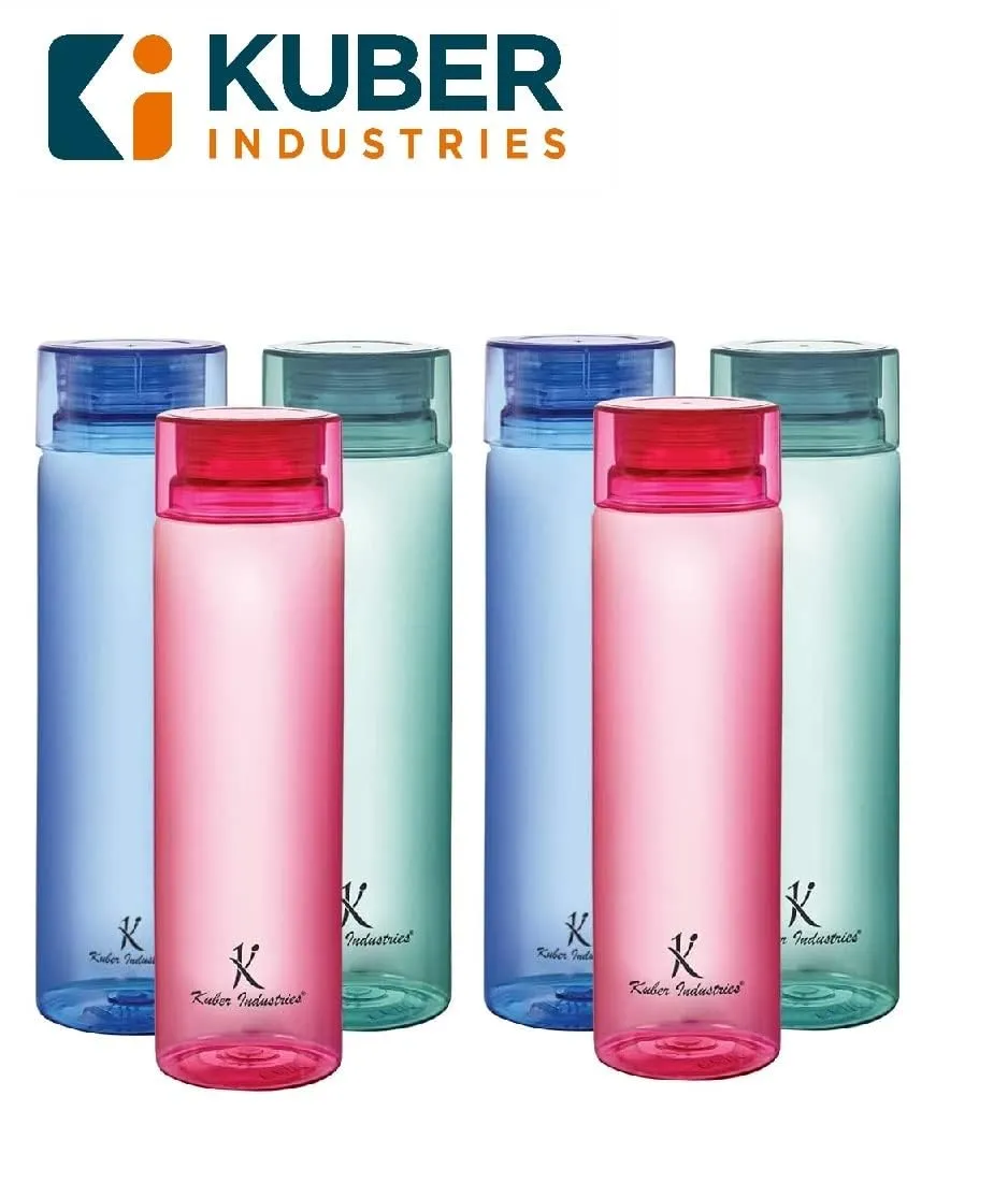 Kuber Industries Set of 6 Plastic Water Bottle | 1 Litre Round Plastic Water Bottle | Refrigerator Safe and BPA free PET Water Bottle |Perfect For School College Work Gym | Pack of 6 | Multicolour