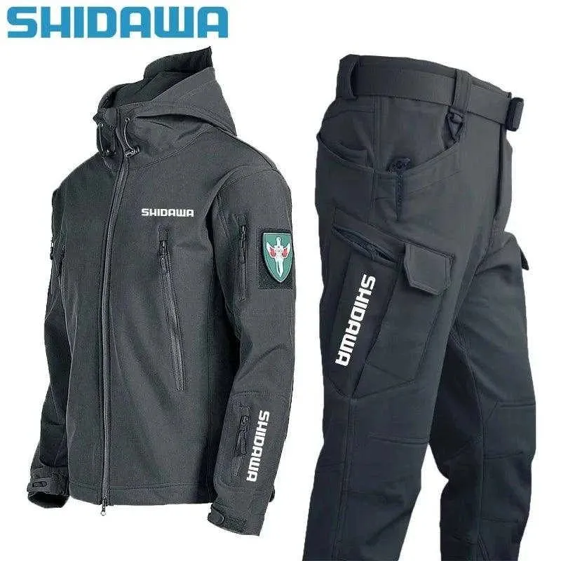 Shidawa Autumn Winter Men's Waterproof Warm Fishing Set Windproof Hooded Jacket Army Combat Pants Outdoor Hiking Camping Clothes