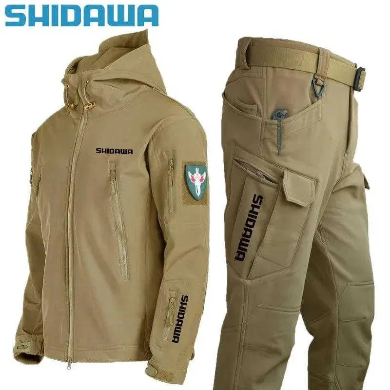 Shidawa Autumn Winter Men's Waterproof Warm Fishing Set Windproof Hooded Jacket Army Combat Pants Outdoor Hiking Camping Clothes