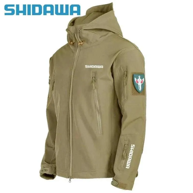 Shidawa Autumn Winter Men's Waterproof Warm Fishing Set Windproof Hooded Jacket Army Combat Pants Outdoor Hiking Camping Clothes