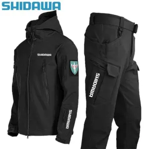 Shidawa Autumn Winter Men's Waterproof Warm Fishing Set Windproof Hooded Jacket Army Combat Pants Outdoor Hiking Camping Clothes