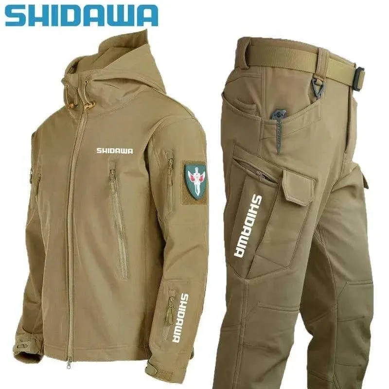 Shidawa Autumn Winter Men's Waterproof Warm Fishing Set Windproof Hooded Jacket Army Combat Pants Outdoor Hiking Camping Clothes