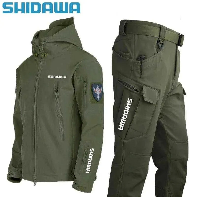Shidawa Autumn Winter Men's Waterproof Warm Fishing Set Windproof Hooded Jacket Army Combat Pants Outdoor Hiking Camping Clothes
