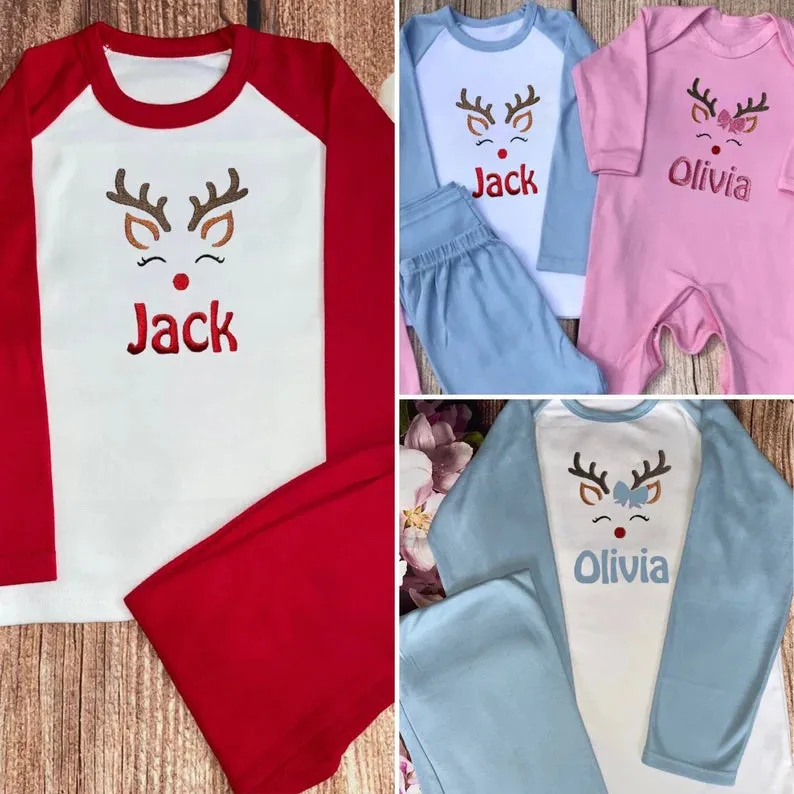 Sleeping reindeer Christmas pyjamas, embroidered & personalised with name. Matching, Gift, keepsake, high quality, soft, PJ's