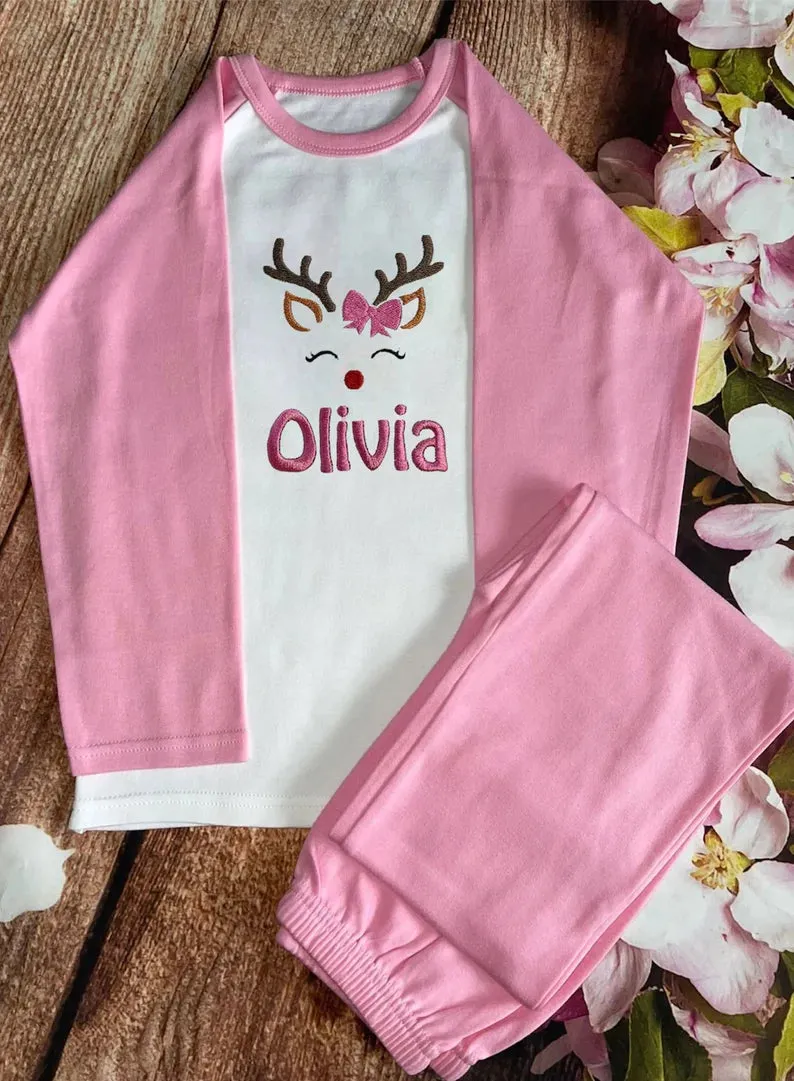 Sleeping reindeer Christmas pyjamas, embroidered & personalised with name. Matching, Gift, keepsake, high quality, soft, PJ's