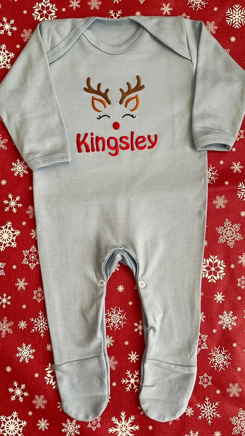 Sleeping reindeer Christmas pyjamas, embroidered & personalised with name. Matching, Gift, keepsake, high quality, soft, PJ's