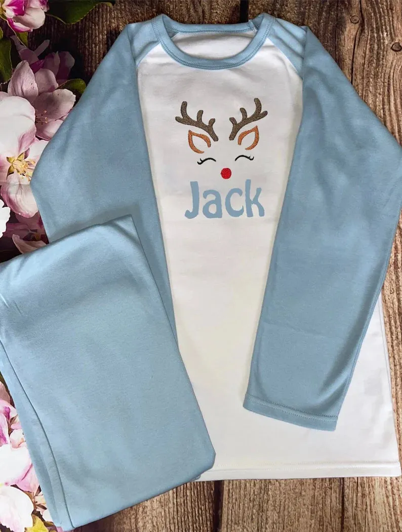 Sleeping reindeer Christmas pyjamas, embroidered & personalised with name. Matching, Gift, keepsake, high quality, soft, PJ's