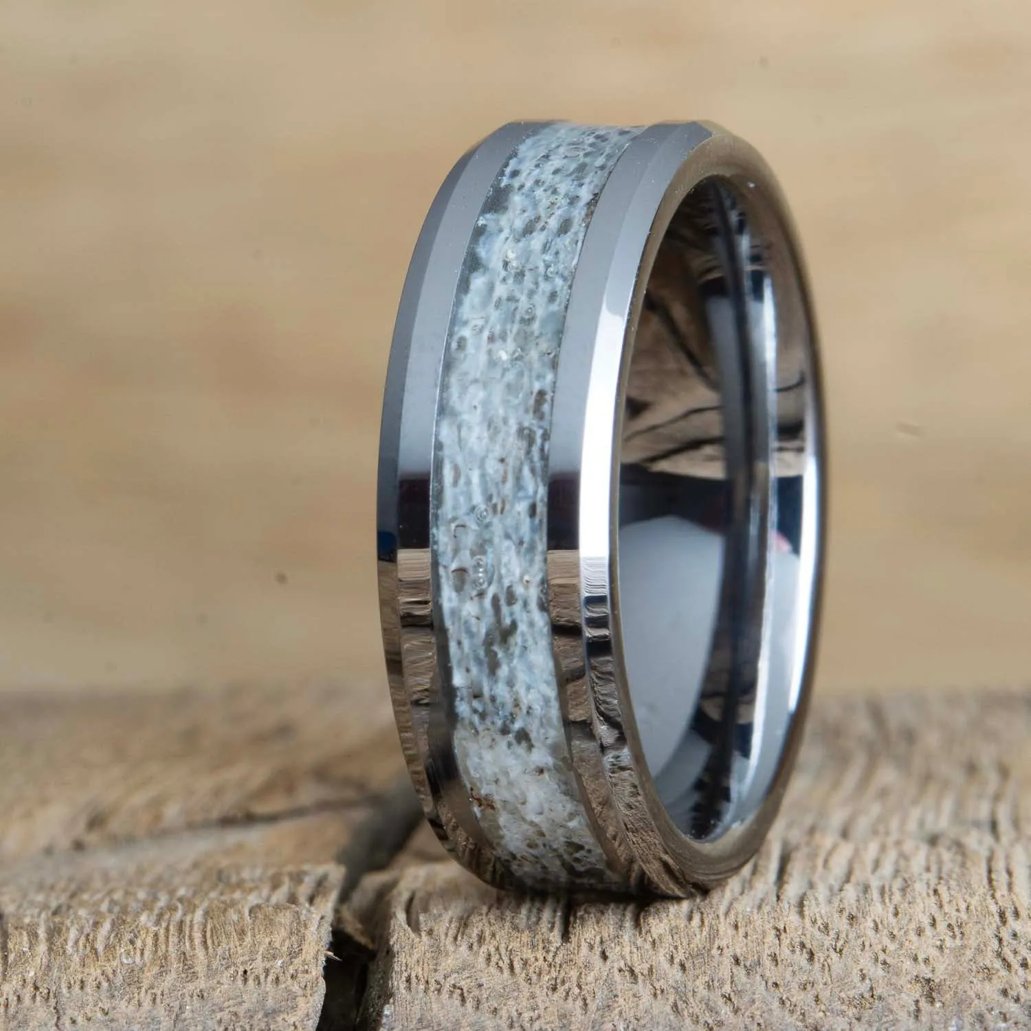 The Backwoods- beveled tungsten ring with Antler