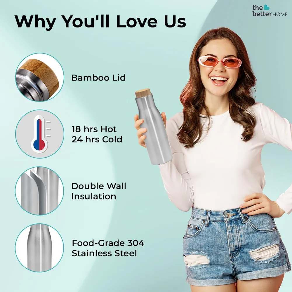 The Better Home Insulated Stainless Steel Water Bottle with Bamboo Lid 500 Ml |Non-Toxic & BPA Free Water Bottle for Home Office Kids| Hot for 18 Hours,Cold for 24 Hours|Rust-Free & Leak-Proof Bottle