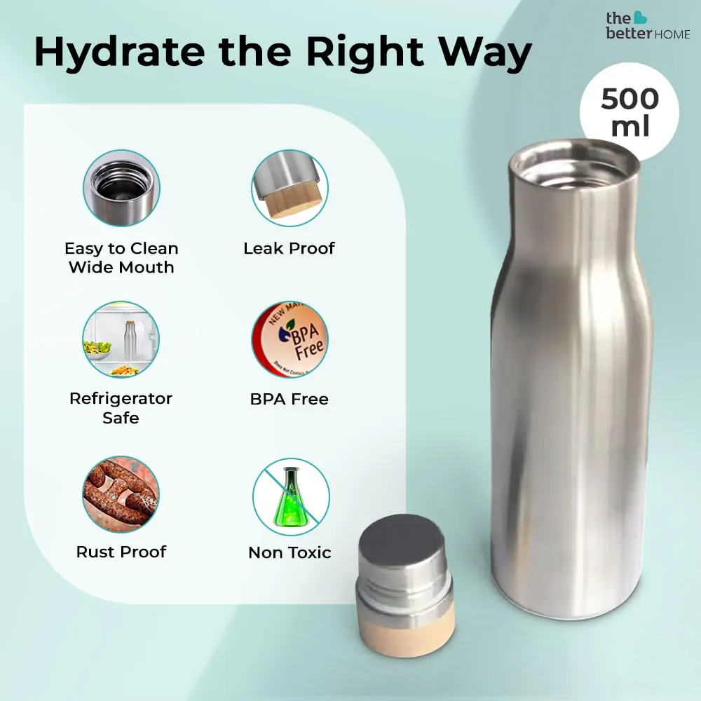 The Better Home Insulated Stainless Steel Water Bottle with Bamboo Lid 500 Ml |Non-Toxic & BPA Free Water Bottle for Home Office Kids| Hot for 18 Hours,Cold for 24 Hours|Rust-Free & Leak-Proof Bottle