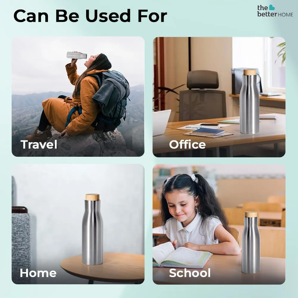 The Better Home Insulated Stainless Steel Water Bottle with Bamboo Lid 500 Ml |Non-Toxic & BPA Free Water Bottle for Home Office Kids| Hot for 18 Hours,Cold for 24 Hours|Rust-Free & Leak-Proof Bottle