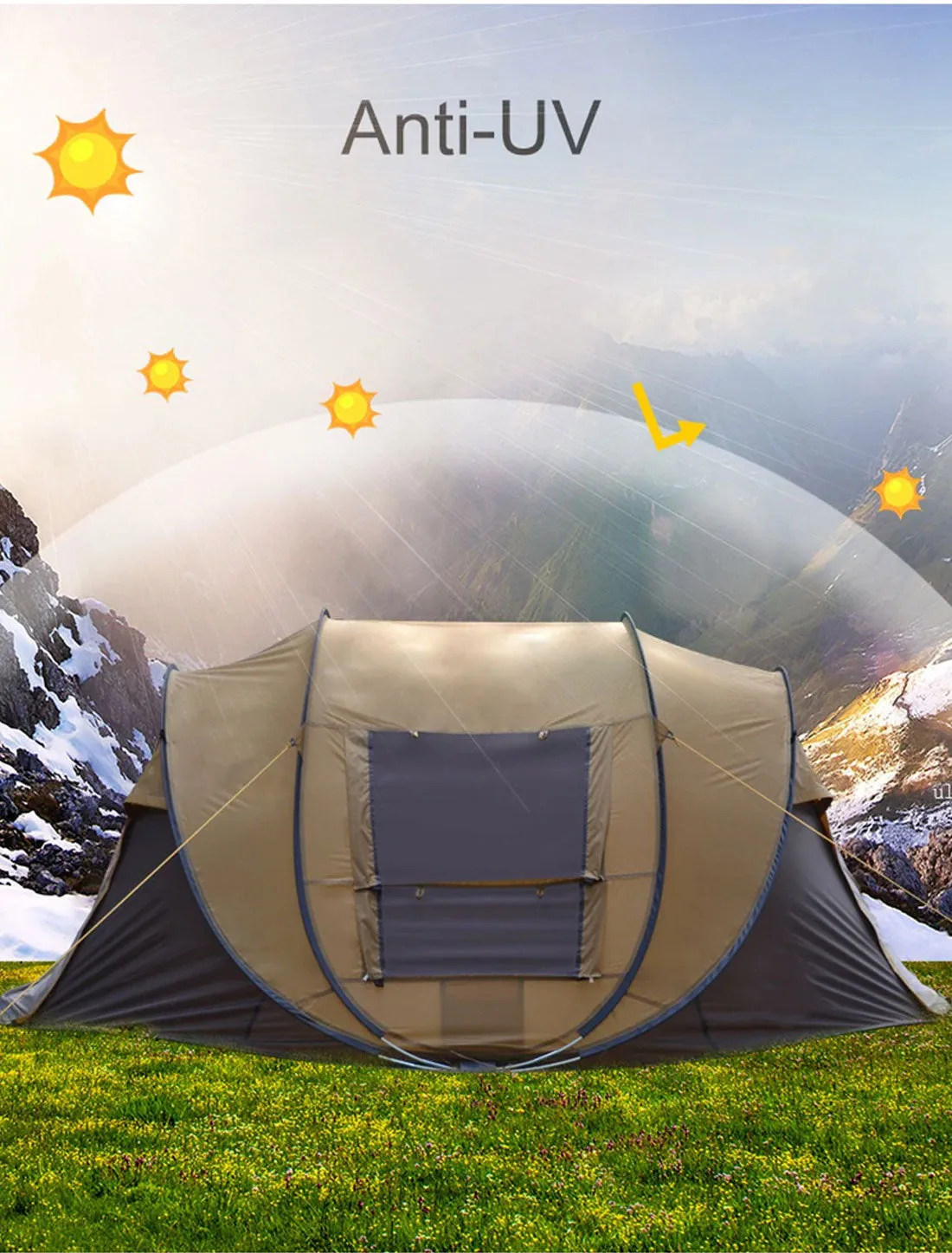 Waterproof Instant Beach Camping Tent 6 Person Pop up Tents Family Hiking Dome - brown