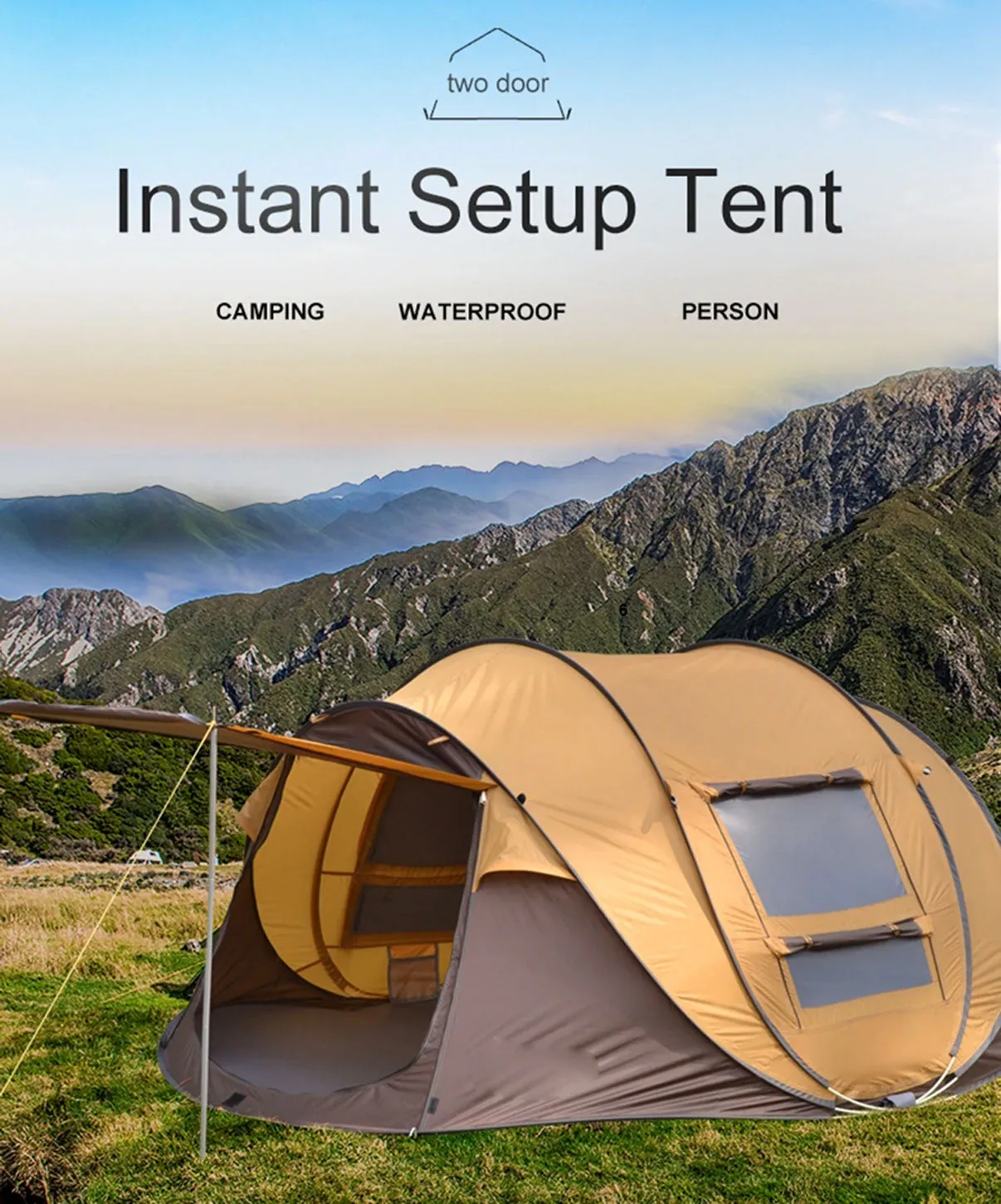 Waterproof Instant Beach Camping Tent 6 Person Pop up Tents Family Hiking Dome - brown